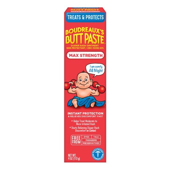 Boudreaux's Butt Paste Maximum Strength Diaper Rash Cream, Ointment for Baby, 4 oz. Tube, (Pack of 1)