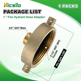 Hicello Fire Hydrant Adapter 2-1/2" NST/NH Female x 3/4" GHT Male, Fire Hydrant Port Adapter to Garden Hose 100% Brass Coupling with Pin Lugs Connection of 2-1/2" Fire Hydrant to 3/4" GHT Garden Hose