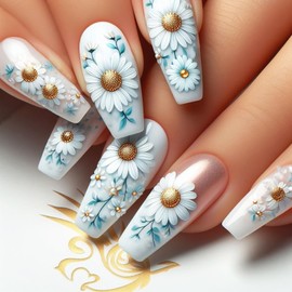 24 Pcs Flower Press on Nails Long Coffin Spring Summer Flowers Fake Nails White Daisy False Nails Full Cover Glue on Nails Reusable Floral Acrylic Nails for Women Girl Nail Design Decoration