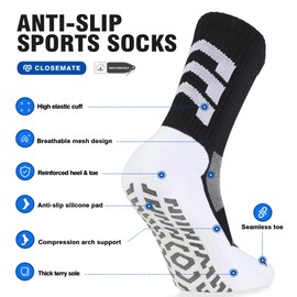 Closemate Grip Soccer Socks for Men Cushion Anti Slip Athletic Grip Socks for Soccer Football Basketball Yoga 3 Pairs(3BlackWhite,Size L)