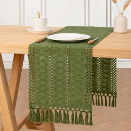 DeZerlor Macrame Table Runner 12 x 36 Inches Boho Farmhouse Table Runner with Tassels Cotton Linen Woven Table Runner for Spring Dining Table Home Decor, Olive Green