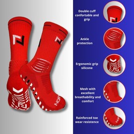 NORYZ GRIP SOCKS SOCCER, Soccer Grip Socks, Soccer Socks Men, Grip Socks Men, Media Antideslizante para Hombre Futbol, Red, Medium