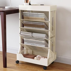 Book Cart with Wheels Mobile Bookshelf Rolling Bookshelf Organizer Bookcase Book Storage Rack, Book Movable Rolling Carts with Wheels for Office School, Beige