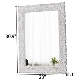 Sintosin Vintage Floral Rectangle Mirrors for Wall 31 X 23 Inch, Hanging Distressed White Carved Wood Frame Flowers Bathroom Mirrors for Over Sink, Glam French Country Mirror, Horizontal or Vertical