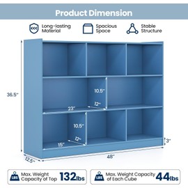 KOTEK Toy Storage Organizer, 5 Cubby Kids Bookshelf, Wooden 3-Tier Bookcase Storage Cabinet, Open Display Book Shelf for Daycare, Nursery, School Classroom, Living Room (Blue, 8 Cubes)