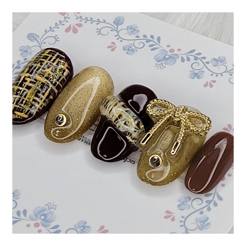 Gold Tweed Handmade Nail Tips - Oval L / 골드