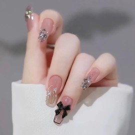 Nail Tip, Long Fashionable, Black, Easy Off Nail, Beads, Mine-based Korean Nail Design, Cool, Cosplay Nail, Nail Art, Cute, Women's, Spring and Summer Nails, 24 Pieces, Stylish, Popular, Present, Self