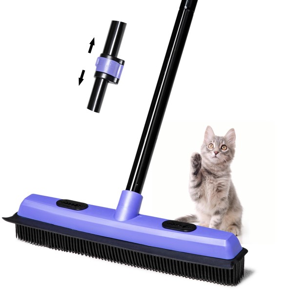 ZUBULUN Rubber Broom Pet Hair Remover, Carpet Squeegee with Telescoping 60.2 Inches Long Handle for Cleaning Fur Rug, Hardwood Floor, Tile, Window