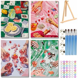 VIGEGU 4 Pack Vintage Poker Paint by Numbers Kit for Adults with Frame,Retro Funny Drinks Paint by Number for Beginner with Wooden Easel DIY Adult Paint by Number Kits for Home Decor 12x16inch