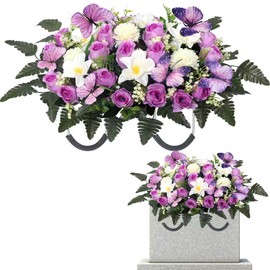 SHOCOSTO Cemetery Flowers for Grave Large Headstone Flower Saddle Rose & Butterfly Grave Flowers for Cemetery Decoration (Purple)