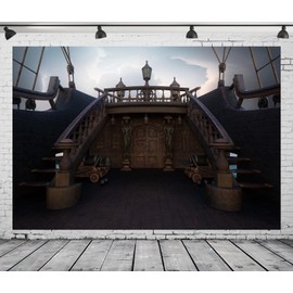Loccor 10x6.5ft Fabric Old Pirate Ship Backdrop Vintage Sailboat Wooden Deck Cabin Door and Steps Photography Background Halloween Pirate Theme Party Decorations Kids Adults Artistic Photo Props