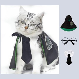YBPQABCL Magic Cloak Pet Cats Dogs Cute Clothes Kitten/Puppy Puppet Doll Cape Embroidery Spring and Autumn Clothing Dog Shawl Cat COS Clothes (Green+Glasses+tie,Small)