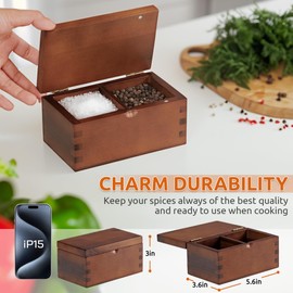 Demigo Salt Cellar Acacia Wood Salt Box with Flip Lid, 5.6x3.6x3 Inches 20 oz Large Storage Space, Perfect Container for Keeping Salt, Spice, Herbs or Favorite Seasonings (Dark Brown)