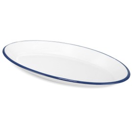 Red Co. Enamelware Metal Classic 13" Serving Oval Tray Platter, Solid White/Navy Blue Rim