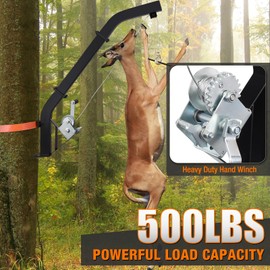 Tree Mounted Deer Hoist, 500LBS Hunting Game Hoist with Winch and Ratchet Strap, 23FT Steel Cable Heavy Duty Deer Hanger for Skinning, Field Dressing, Hanging Deer Feeder Hanger