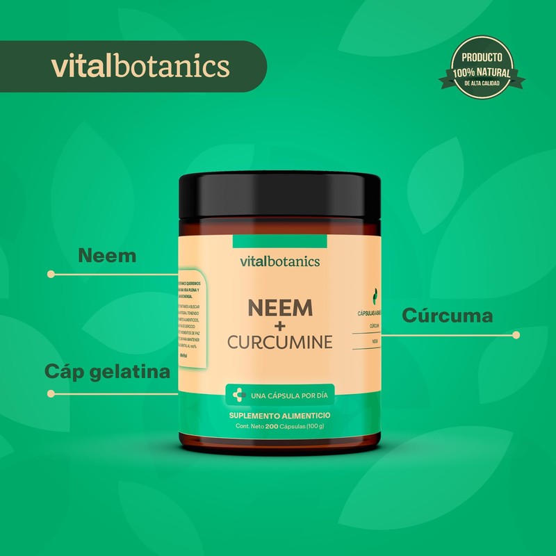 Neem Curcumine. Suplemento de Neem y Curcuma con 200 Capsulas.