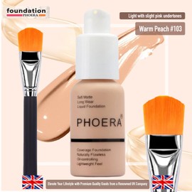 Glamza PHOERA Foundation Concealer Makeup Full Coverage Matte Brighten Long Lasting UK + Professional Flat Face Foundation Brush (103 WARM PEACH)
