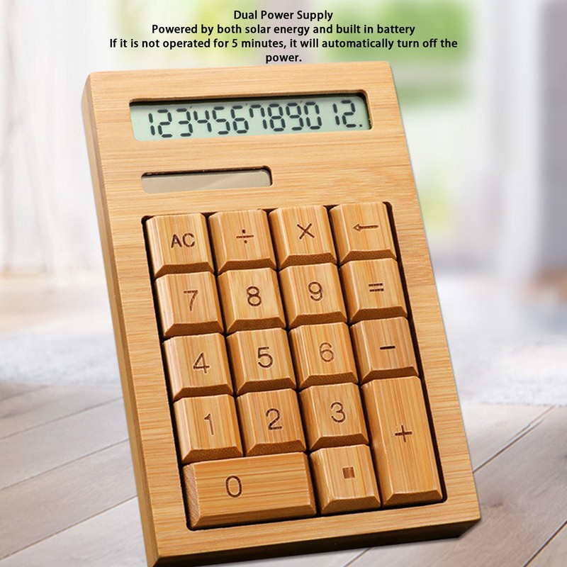 Wooden Calculator Solar Battery Powered 18 Keys Large LCD Display