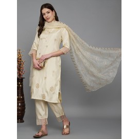 VredeVogel Women's Silk Blend Embroidered Kurta with Pant & Dupatta Set (Beige-X-Large)
