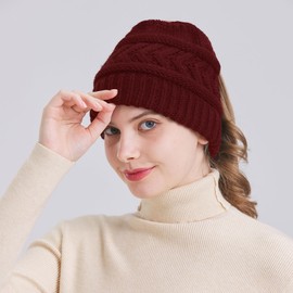 PFFY Ponytail Beanie Hat for Women Winter Warm Knit Beanies High Bun Hat Skull Cap WineRed (Ponytail)