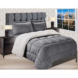 Elegant Comfort Premium Quality Heavy Weight Micromink Sherpa-Backing Reversible Down Alternative Micro-Suede 3-Piece Comforter Set, Full, Grey