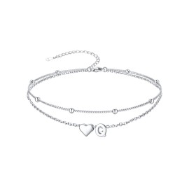 SILVERCUTE Sterling Silver Anklets for Women, Waterproof Initial Heart Ankle Bracelets Adjustable Layered Foot Chain