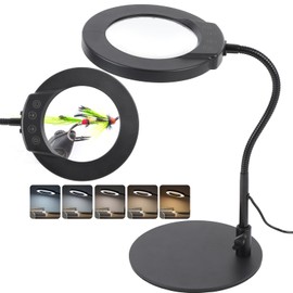 HISUEKIG 10X Magnifying Glass with Light and Stand, 5 Color Modes Stepless Dimmable LED Lighted Desk Lamp, Flexible Gooseneck Magnifying Desk Lamp for DIY Craft Reading Painting Sewing Work Round