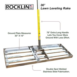 Rocklin™ Lawn Leveling Rake | Levelawn Tool | Level Soil or Dirt Ground Surfaces Easily | 30” x 10” Ground Plate | 78” Extra Long Handle | Stainless Steel