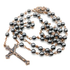 Nazareth Store Hematite Rosary Black Stone Beads Necklace with Jerusalem Holy Soil & Cross Antique Religious Rosaries Beads Collection