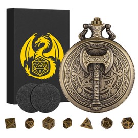 Mini DND Dice Set with Steampunk Barbarian Axe Pocket Watch Shell Case, 7pcs Polyhedral Metal DND Dice Set, D&D Gifts with Gift Box, DND Starter Set, Role Playing Board Games DND Accessories, Bronze