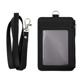 GOGO Professional ID Badge Holder 2-Sided Vertical Style PU Leather with Zipper Pocket and Leather Neck Lanyard-Black