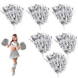 OUKENS Cheerleading Poms, 7 Colours, 6 Pieces, Metallic Cheerleading Pom Poms with Baton Handle, Party, Dance Accessories, Sports Pompoms, Cheer Dance Pompoms, Sports Game, Team Spirit (Silver)