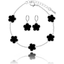 Qinpan Gold Plated Five Leaf Clover Bracelet and Dangle Earrings Set for Women Lucky Flower Jewelry, 13*13mm, Stainless Steel, No Gemstone