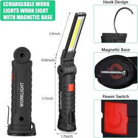 Tuanse LED Rechargeable Work Light with Magnetic Base Hanging Hook, 360° Rotate Magnetic Flashlights for Mechanics Car Repair Home Garage Camping, Tool Gifts for Men Dad Father(12 Pcs,Large)