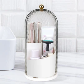 QIYVLOS Toothbrush Holders with Sliding Lid, Rotating 3 Slots Bathroom Organizer Countertop, Tooth Brush Toothpaste Holder Bathroom Counter Stand Caddy for Vanity Makeup Brushes Holder (White)