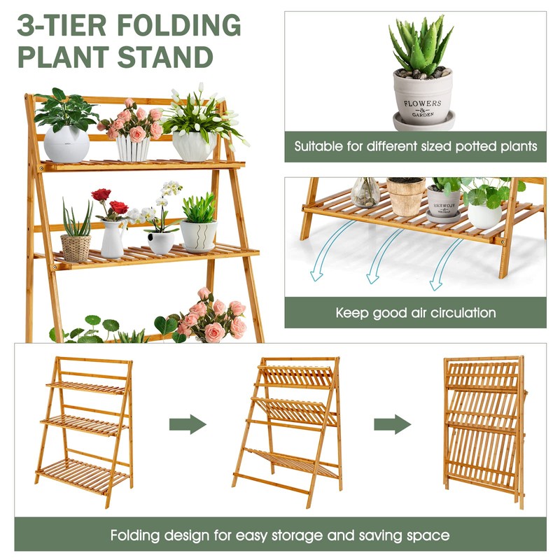 COSTWAY Bamboo Plant Stand, Foldable Multifunctional Flower Display Ladder Shelf,