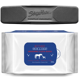 StripHair Horse Dog Grooming Set 2pc - Gentle Groomer 6-in-1 Shedding Massage Brush (original black) and Bamboo Coat Care Wipes (12x12in)