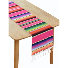 BOXAN Mexican Table Runner Handwoven Fringe Cotton Serape Blanket Table Runners, Colorful Mexican Stripe Table Runner for Mexican Party Decorations Fiesta Party Supplies, 14in x 84in