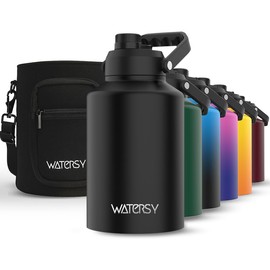 WATERSY 1 Gallon Water Bottle Insulated(Cold for 48 Hrs),BPA Free&Leak Proof,128oz Stainless Steel Water Jug,Big thermo,Large Water Bottle with Handle for Gym,Hiking,Camping&Travel,Black