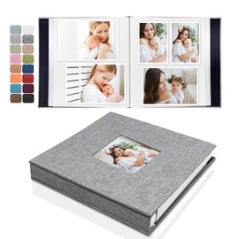 HenPisen Baby Memory Book, Photo Album Self Adhesive with Picture Display Window,40 Pages Grey Linen Cover Scrapbook for Baby Boy or Girl with Scraper and Metallic Pen