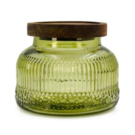 Decorative Green Glass Jar with Airtight Wooden Lid 25.4 oz, Wide Mouth Vintage Kitchen Food Storage Container for Cookie Candy Honey Flour Spice Coffee Tea, Home Decor Sand Candle Holder Vase