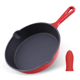 Tastedeli Enameled Cast Iron Skillet 10inch with Pour Spouts for Searing Baking Grilling and Roasting,10" Frying Pan Cookware with Silicone Handel Cover,Durable Oven Safe Pan,Stove Campfire Use(Red)