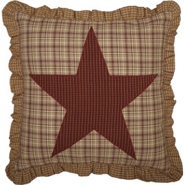 VHC Brands Dawson Star Appliqued Cotton Rustic Farmhouse Bedding Square 18x18 Filled Pillow Ruffled Red