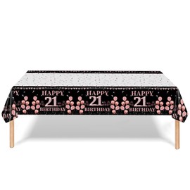 137*274cm Black Rose Gold 21st Birthday Table Cloth 21st Party Table Decorations,21st Birthday Tablecover Black Rose Plastic Disposable Waterproof Table cover for Girl,Women,Her Birthday Party Decor