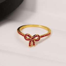 LOVPEPY Pink Bow Ring for Women 18K Gold Plated 925 Sterling Silver AAA CZ Delicate Ribbon Bow Ring to Daughter Cute Gold Bowknot Tie Kont Ring Birthday Valentine's Day Jewelry Gifts (10, Gold)