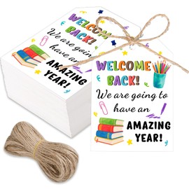 Back to School Gift Tags - 50Pcs First Day of Schools Tags with String Star Welcome Back to School Party Favor Gift Tag for Classroom Party Decor Supply, Swwet Decorations for Students Teachers Staff