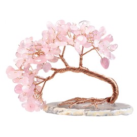 mookaitedecor Rose Quartz Crystal Tree with Agate Slices Base, Feng Shui Gemstone Tree Healing Crystals Tree of Life Decoration Spiritual Gifts, 7.6-10.2 cm High