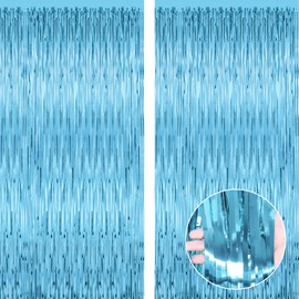 2 Pack Backdrop Curtains, 3.28 Feet x 7.05 Feet Sky Blue Tinsel Backdrop, Metallic Fringe Curtains Foil Backdrop Party Streamer, Winter Backdrop Happy Birthday Backdrop Party Supplies