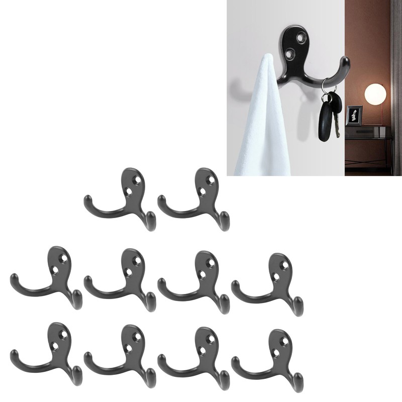 10pcs Black Double Prong Coat Hooks Wall Mounted Retro High