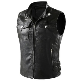 NAVEKULL Men's Leather Motorcycle Vest Black Vintage Riding Biker Faux Leather Vests with 5 Pockets